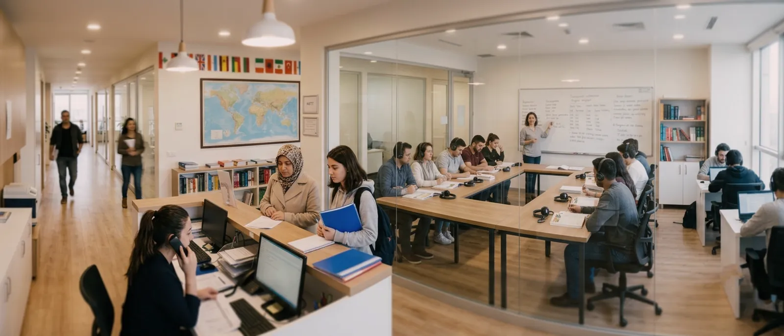 Bir yabancı dil okulu: önde danışman telefonda konuşurken bir veli ve bir öğrenci bankoda bekliyor, camlı sınıfta öğretmen tahta başında ders anlatıyor, duvarda dünya haritası ve ülke bayrakları, arkada kulaklıklı bireysel çalışma alanı.
