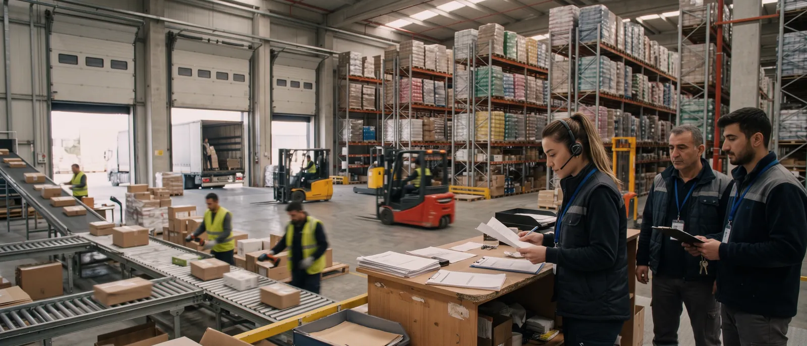 İşleyen bir lojistik deposu: raflar paletli yükle dolu, forkliftler hareket hâlinde, bantta koli tarayan görevliler, önde kulaklıklı sevkiyat sorumlusu evrakla ilgilenirken iki sürücü talimat bekliyor.