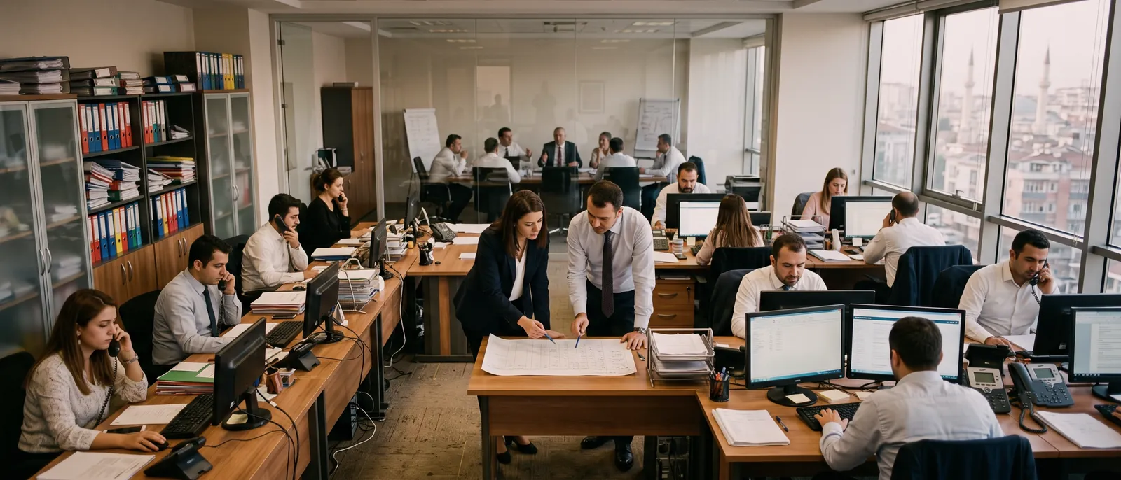 Yoğun bir açık ofis: masaların çoğunda telefonla konuşan çalışanlar, ortada belge üzerinde tartışan iki kişi, arkadaki cam toplantı odası dolu, raflar klasörlerle yüklü.