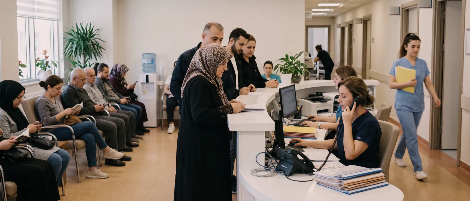 Dolu bir klinik resepsiyonu: bekleme koltukları tamamen dolu, bankoda sıra oluşmuş, sekreterlerden biri telefonda konuşuyor.