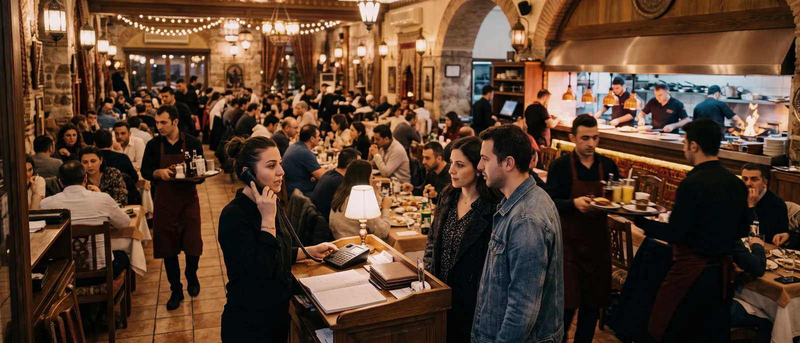 Akşam servisinde tıklım tıklım bir restoran: bütün masalar dolu, garsonlar tabaklarla dolaşıyor, arkada açık mutfak çalışıyor, girişteki görevli telefondayken bir çift masa bekliyor.